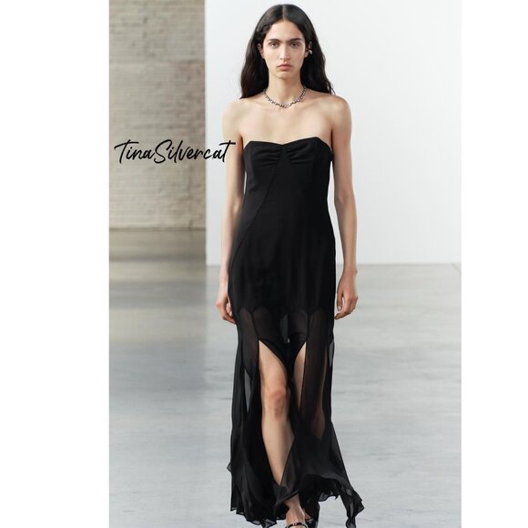 BLOGGER'S FAVE! Zara Semi Sheer Strapless Midi Dress Black NWT - Picture 11 of 14